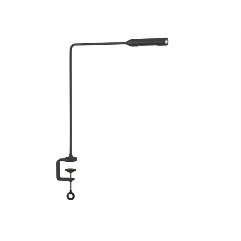 Lumina Flo Clamp tafellamp met draaibare kop, 2‑staps dimschakelaar en tafelklem‑bevestiging.
